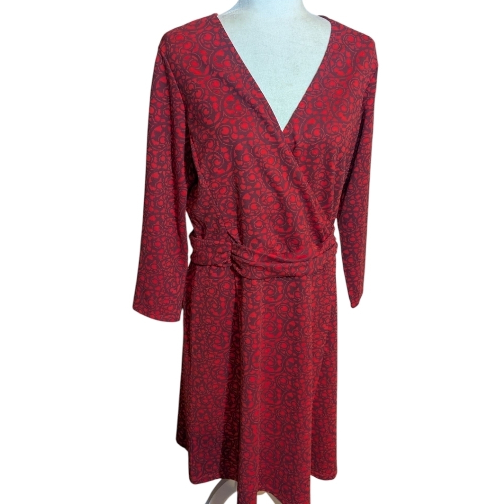 Lands' End Red Dress Moroccan Demure A-Line V-Neck 3/4 Sleeve Cross Over Sz L - Picture 2 of 12